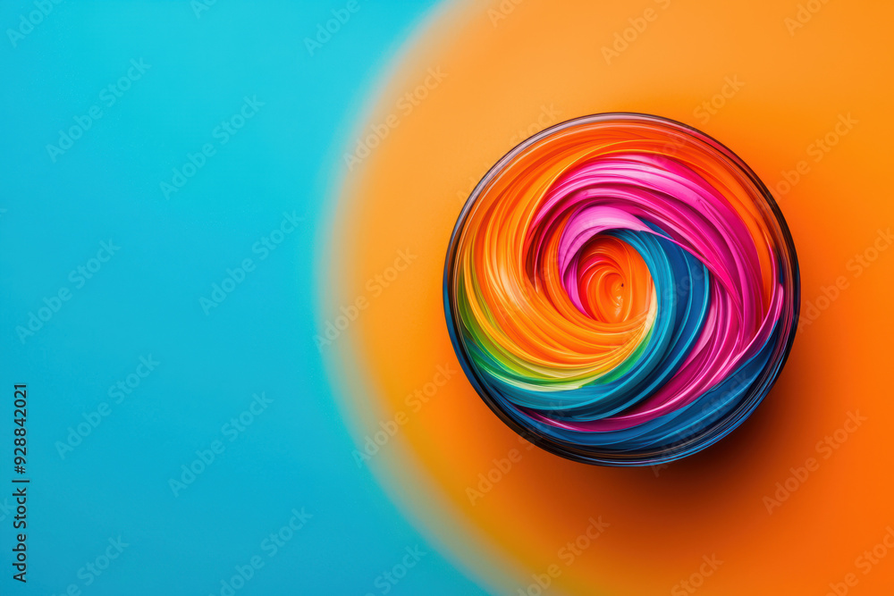 Vibrant multicolored swirl pattern in a bowl set against a bright orange and blue background. Eye-catching and abstract composition. Vibrant multicolored swirl pattern in a bowl set against a bright orange and blue background. Eye-catching and abstract composition.