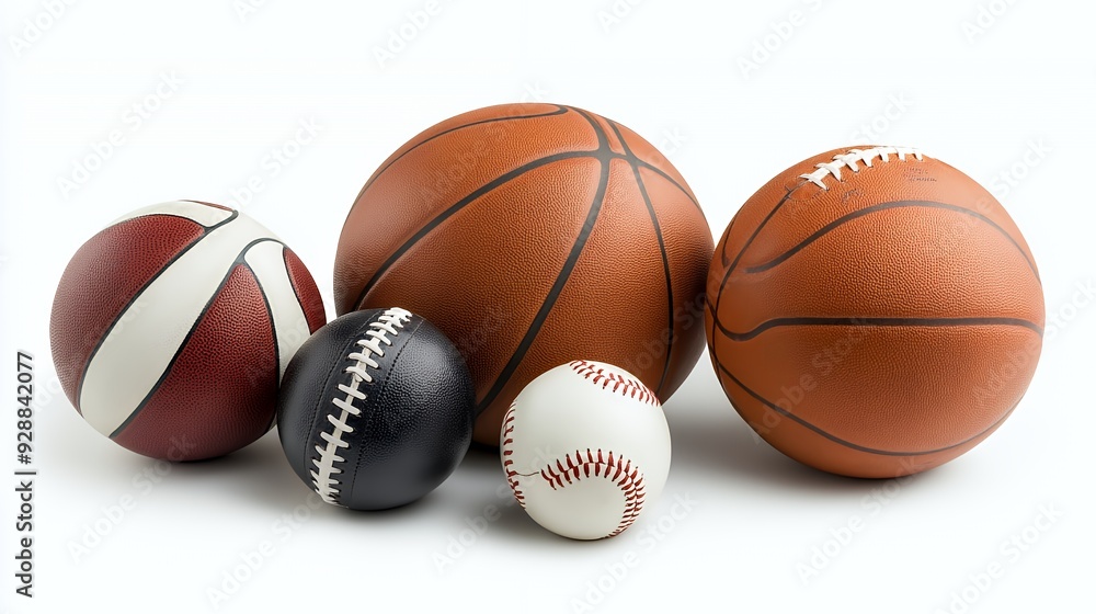 Four different sports balls, a baseball, two basketballs, and a football, on a white background. Four different sports balls, a baseball, two basketballs, and a football, on a white background.
