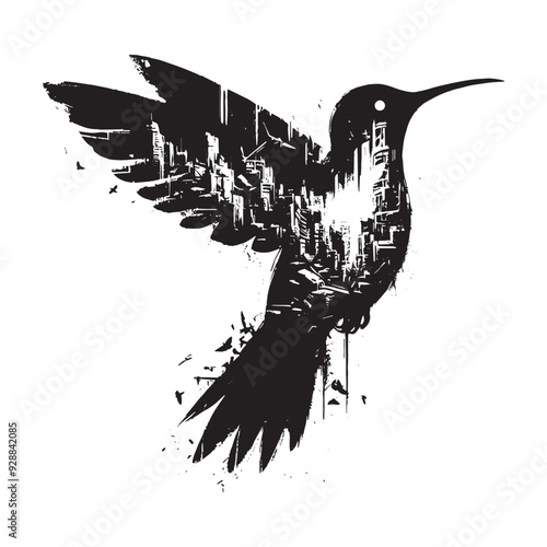 silhouette of Hummingbird filled with destroyed futuristic dystopia environment in rough drawing