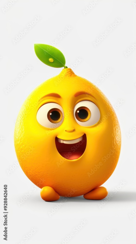 A joyful animated lemon character with big eyes and a bright smile exuding cheerfulness in a playful setting