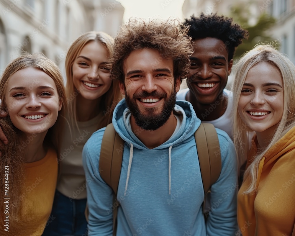 A closeup perspective of four friends smiling and looking at the camera the focus on the man in the blue hoodie with a blurred city background A closeup perspective of four friends smiling and looking at the camera the focus on the man in the blue hoodie with a blurred city background