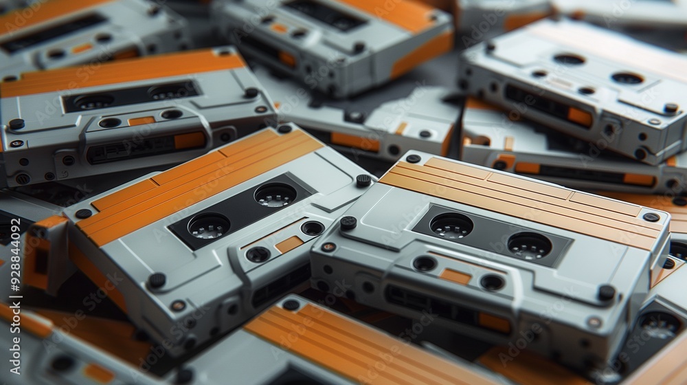 Obraz premium Detailed retro orange and gray cassette tapes closeup image. Classic design and vintage appeal mechanical parts close up photography. Old technology concept photo realistic
