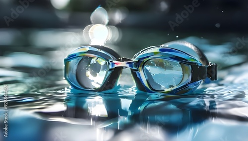 Wet swimming goggles closeup sunlight and shadow copy space