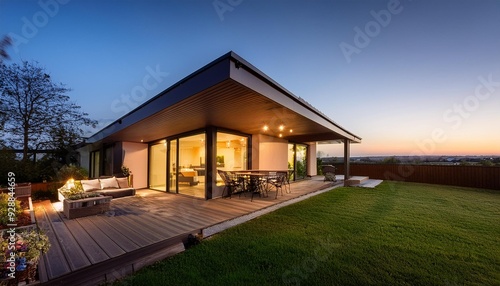 Wallpaper Mural Modern House with Large Windows and Patio at Dusk Torontodigital.ca