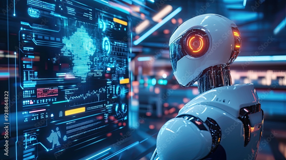A futuristic 3D scene with an AI robot using machine learning to assess business data, representing the future of financial technology and investment strategies. A futuristic 3D scene with an AI robot using machine learning to assess business data, representing the future of financial technology and investment strategies.