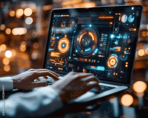 Cybersecurity Hands Typing on Laptop with Futuristic UI Orange and Blue Glowing Interface Low Light Blurred Background