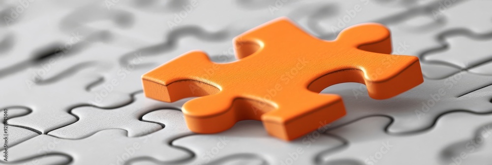 Fototapeta premium A vibrant, eyecatching orange puzzle piece is strategically placed on a soft light gray puzzle background