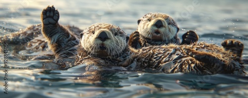 Playful sea otters floating on their backs, 4K hyperrealistic photo photo