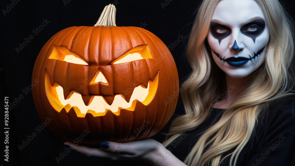 Moody Halloween Scene with Menacing Carved Pumpkin Held by Mysterious Figure with Dark Blue Lips, generative AI Moody Halloween Scene with Menacing Carved Pumpkin Held by Mysterious Figure with Dark Blue Lips, generative AI