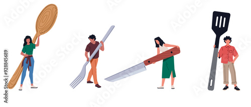 People with spoons and forks. Tiny men and women hold large food appliances, kitchen utensils and cutlery, cooking and nutrition cartoon flat isolated kitchenware illustration, nowaday vector set