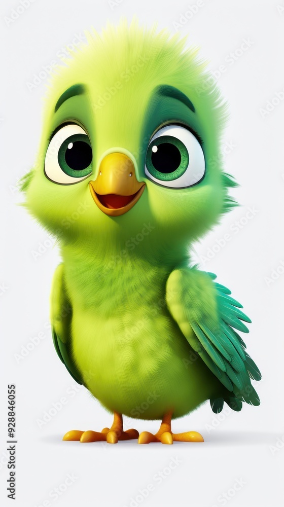 Fototapeta premium A cheerful green bird character posing playfully against a dark background in a whimsical animated style