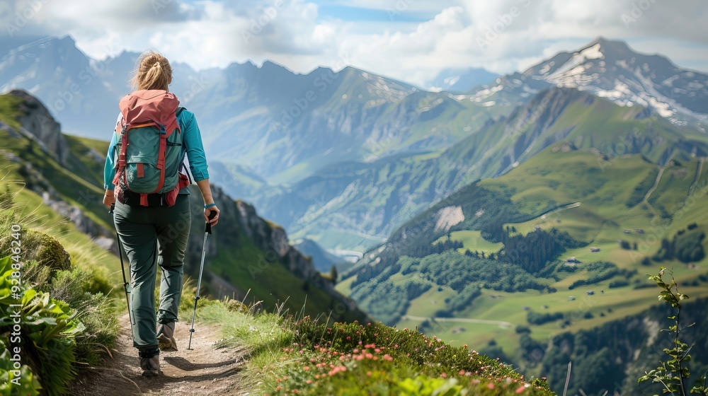Female hiker with backpack standing on mountain trail overlooking vast green valley and distant peaks Adventure travel Outdoor exploration Scenic landscape Female hiker with backpack standing on mountain trail overlooking vast green valley and distant peaks Adventure travel Outdoor exploration Scenic landscape