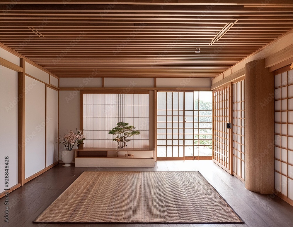 Obraz premium Modern Japanese Home Interior Design with Wooden Beams and Sliding Doors