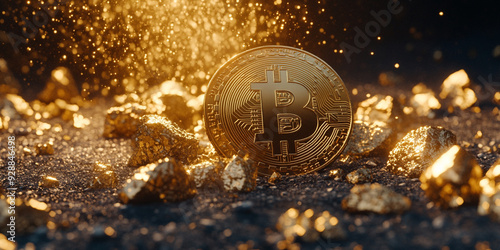 Bitcoin coin surrounded by shimmering golden nuggets and sparkles, representing wealth, digital gold, and the transformative value of cryptocurrency in the financial world photo