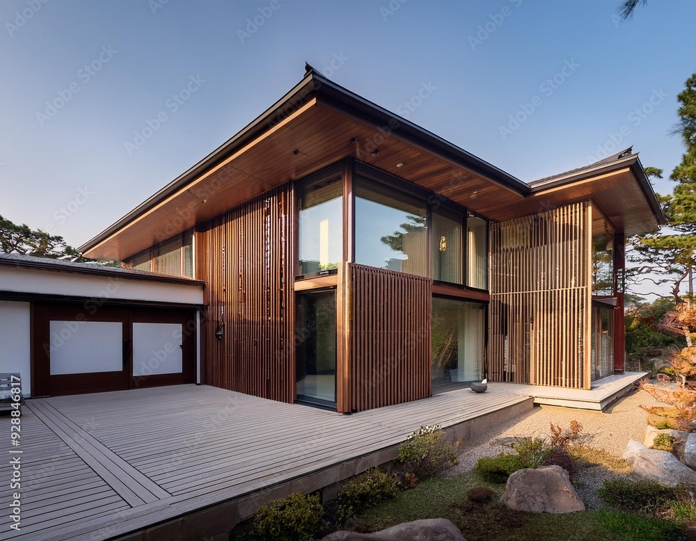 Modern Japanese House with Large Windows and Wooden Exterior