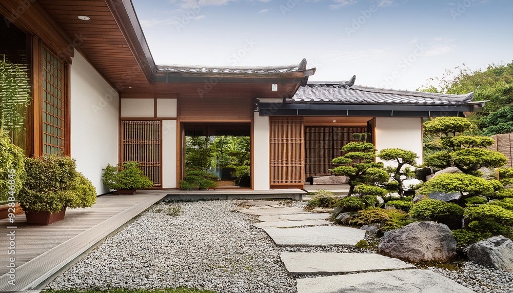 Modern Japanese House with Stone Patio and Green Plants Modern Japanese House with Stone Patio and Green Plants