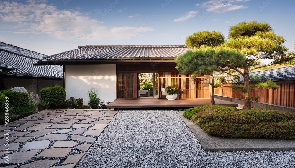 Modern Japanese House with Stone Patio and Green Plants Modern Japanese House with Stone Patio and Green Plants