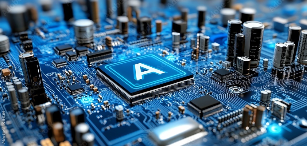 AI Chip CloseUp of a Circuit Board with a Glowing A Symbol 176 characters AI Chip CloseUp of a Circuit Board with a Glowing A Symbol 176 characters