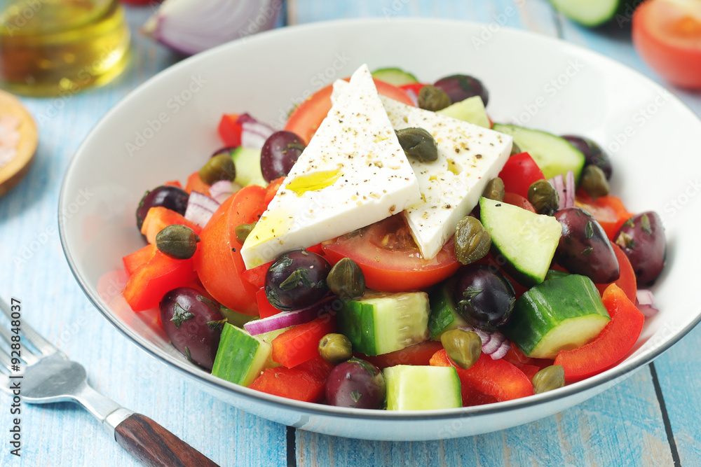 A bowl with traditional Greek salad Horiatiki A bowl with traditional Greek salad Horiatiki