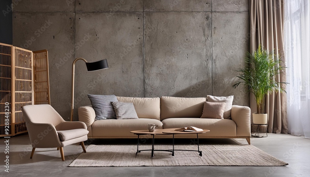 Modern Living Room Interior Design With Concrete Wall And Beige Sofa Modern Living Room Interior Design With Concrete Wall And Beige Sofa