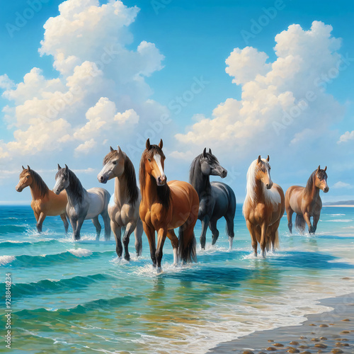 Majestic herd of horses galloping through turquoise waters under a cloud-filled sky