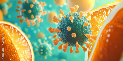 Artistic depiction of viruses interacting with orange slices, highlighting the relationship between microbiology and nutrition in an imaginative, visually vibrant scientific representation photo