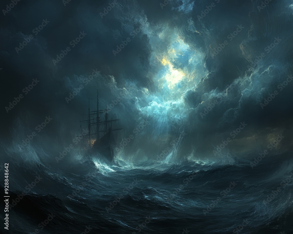 A lone ship sails through a stormy sea its silhouette illuminated by a celestial glow breaking through the dark clouds above A lone ship sails through a stormy sea its silhouette illuminated by a celestial glow breaking through the dark clouds above