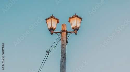 A Low Angle View of a TwoLight Streetlamp Against a Pale Blue Sky Capturing the Simplicity and Beauty of Everyday Objects photo