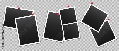Vector empty photo frames with pin and shadow isolated on transparent background. Template mockup photo design.