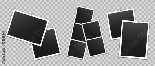Vector empty photo frames with pin and shadow isolated on transparent background. Template mockup photo design.