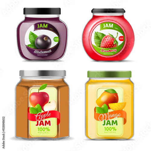 Jams jars. Realistic berry sweet canned food in glass bottles different forms. Various flavor blackcurrant, strawberry, apple and mango. Dessert product package design. Vector isolated set