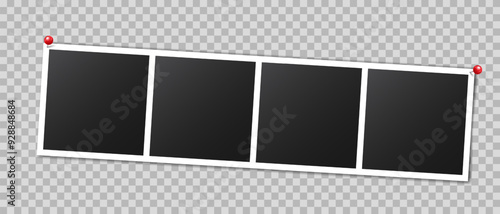 Vector empty photo frames with pin and shadow isolated on transparent background. Template mockup photo design.