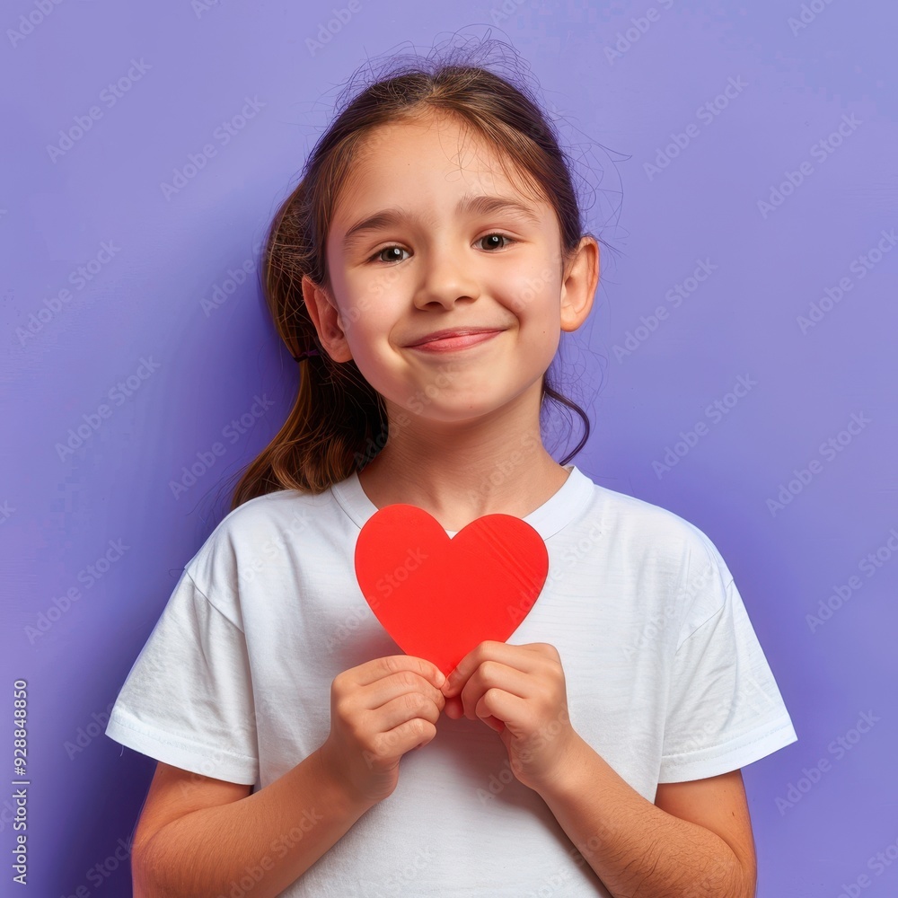 A cheerful child holding a red heart shape in front of a vibrant purple backdrop during a playful indoor moment A cheerful child holding a red heart shape in front of a vibrant purple backdrop during a playful indoor moment