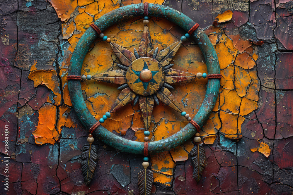 Fototapeta premium Nautical Adventurer's Dream: Antique Ship's Wheel on Rustic Painted Wall