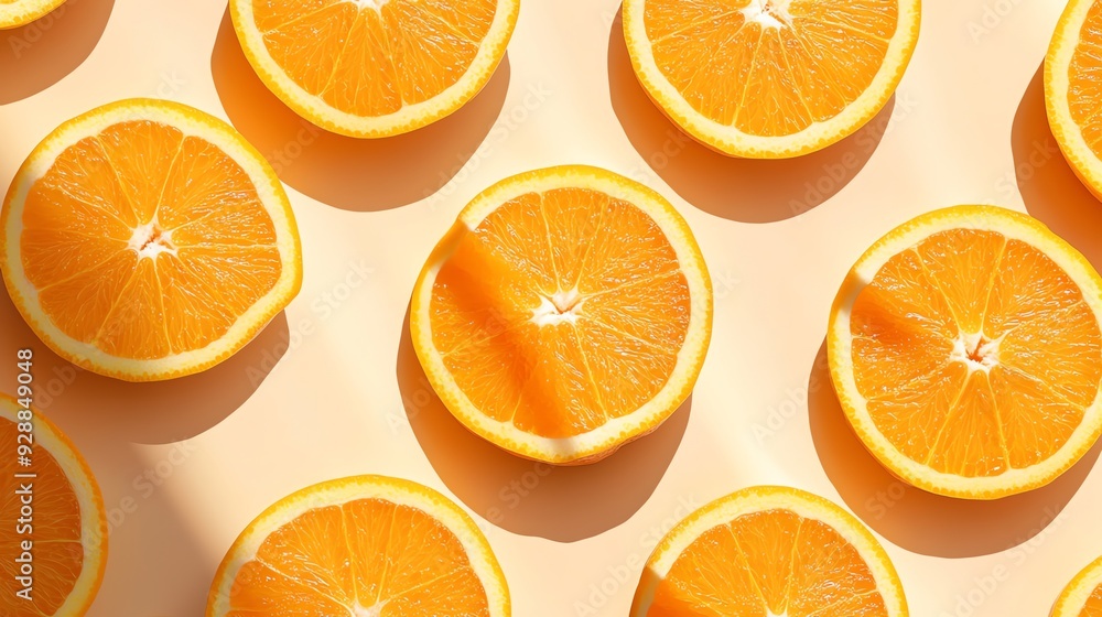 Orange slices arranged in a pattern on a light beige background. Orange slices arranged in a pattern on a light beige background.