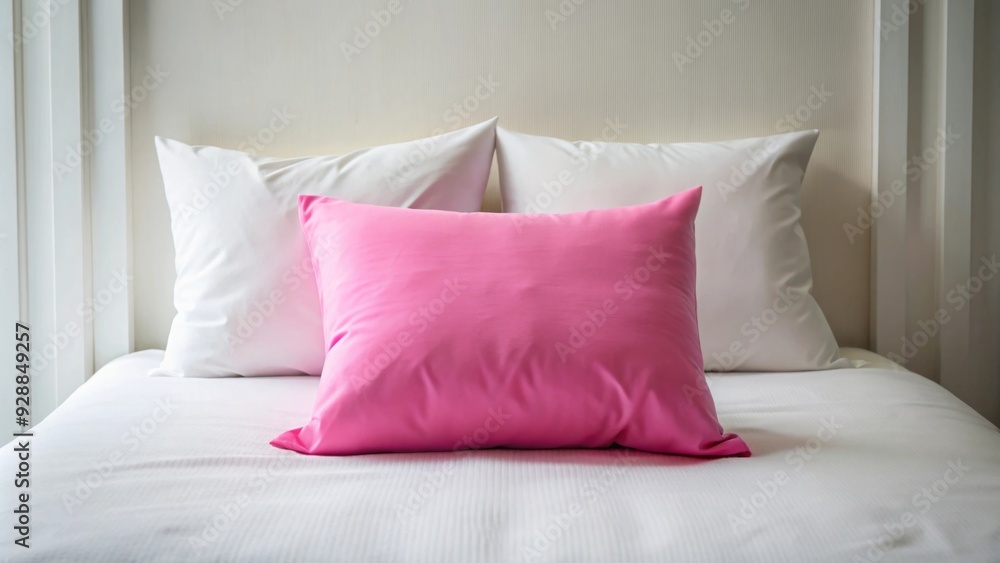 Pink pillow on a white bed , soft, bedroom decor, cozy, comfy, interior design, cushion, girly, pastel, fluffy, relaxation Pink pillow on a white bed , soft, bedroom decor, cozy, comfy, interior design, cushion, girly, pastel, fluffy, relaxation