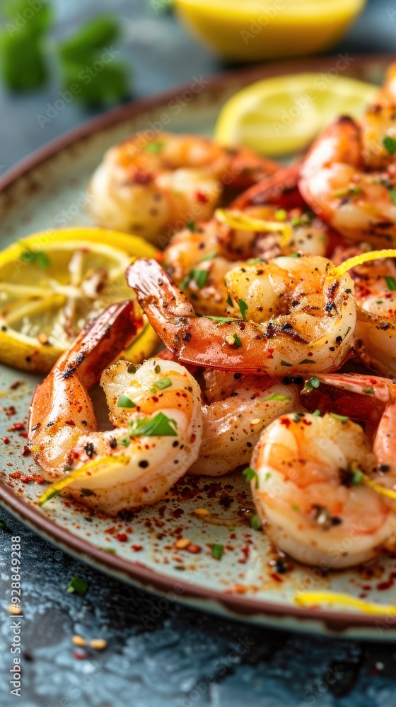 Deliciously grilled shrimp seasoned with spices and garnished with fresh lemon slices, served warm on a rustic plate Deliciously grilled shrimp seasoned with spices and garnished with fresh lemon slices, served warm on a rustic plate