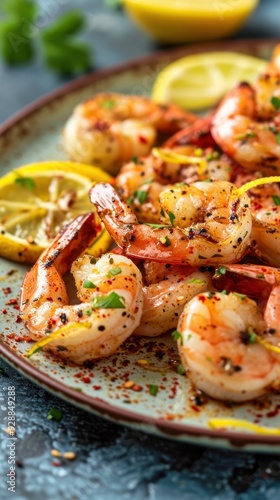 Deliciously grilled shrimp seasoned with spices and garnished with fresh lemon slices, served warm on a rustic plate