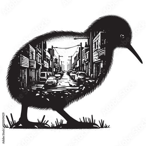 silhouette of kiwi bird filled with ghetto street in rough drawing