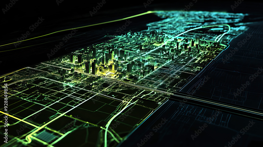 Technical aerial visual, 3D LiDAR GIS aerial map satellite scan model ...