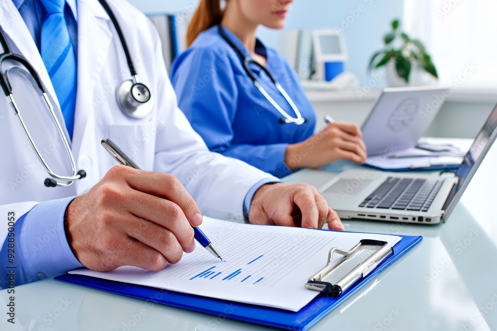 Writing a prescription treatment plan based on radiography results and hospital records. Medicare meeting. Closeup. Writing a prescription treatment plan based on radiography results and hospital records. Medicare meeting. Closeup.