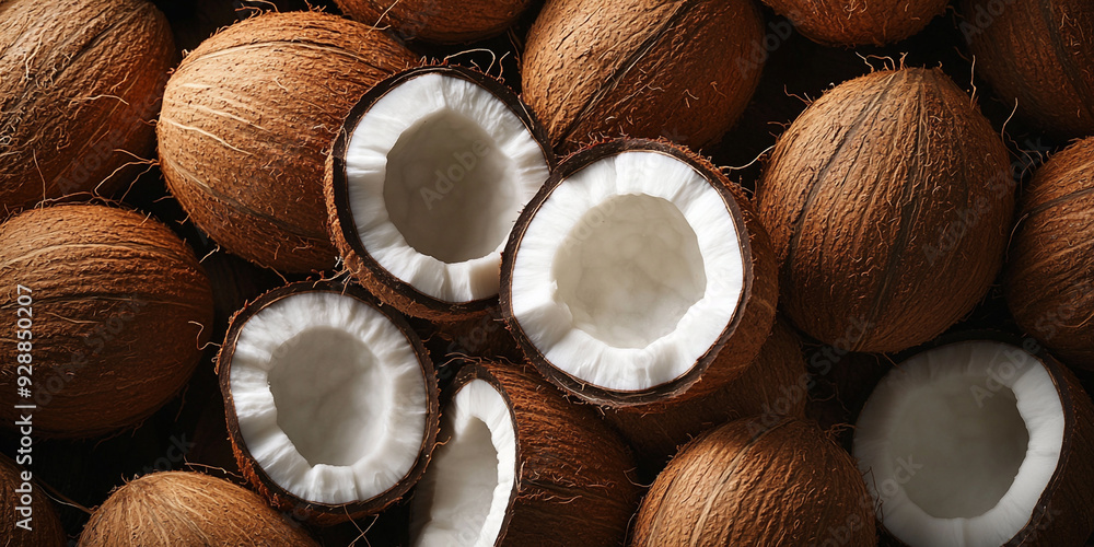 Top view of fresh coconuts in their shells, with some split open to reveal the pure white coconut flesh inside, offering a natural and tropical aesthetic perfect for organic themes Top view of fresh coconuts in their shells, with some split open to reveal the pure white coconut flesh inside, offering a natural and tropical aesthetic perfect for organic themes