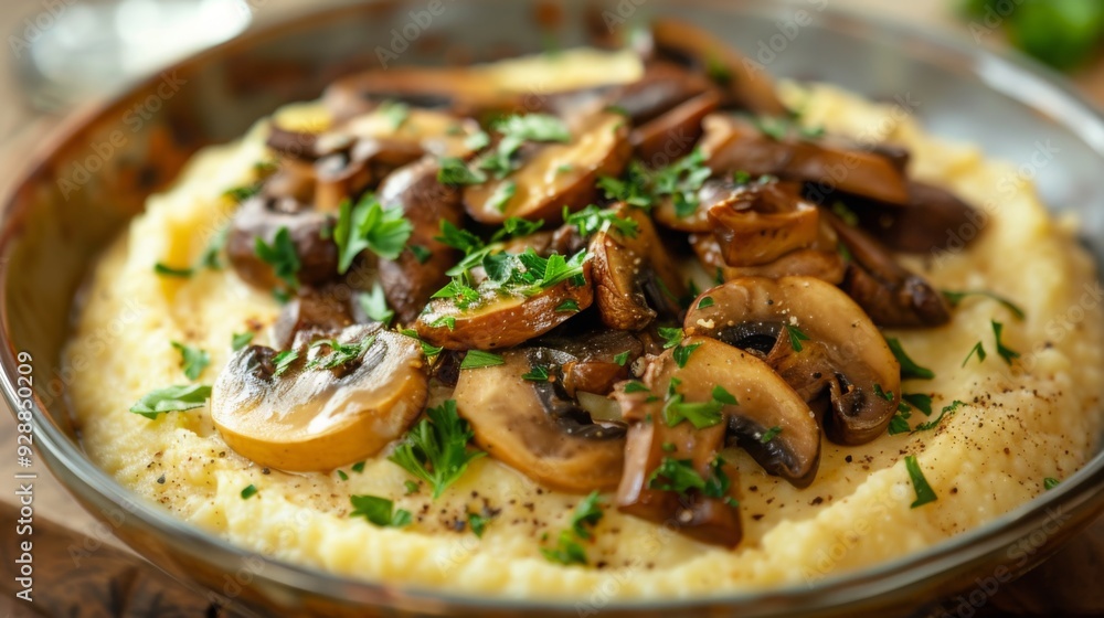 Creamy polenta topped with sauteed mushrooms and fresh parsley, served in a rustic bowl with herbs. Creamy polenta topped with sauteed mushrooms and fresh parsley, served in a rustic bowl with herbs.