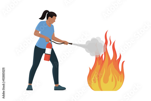 Woman using a fire extinguisher