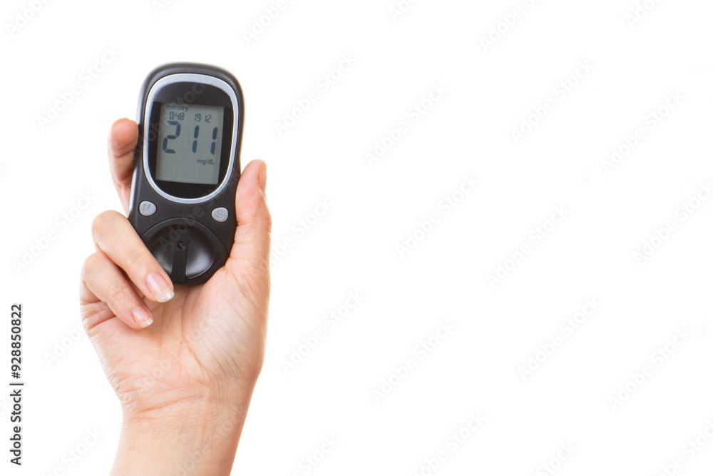 Hand holding glucose meter with high result sugar level. Checking sugar level during diabetes. Place for inscription Hand holding glucose meter with high result sugar level. Checking sugar level during diabetes. Place for inscription