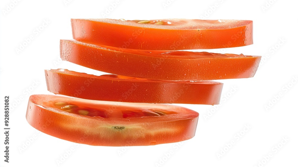 Ripe tomato slices, thinly cut and hovering in mid-air, revealing the fresh, crisp layers and seeds, isolated against a white background. Ripe tomato slices, thinly cut and hovering in mid-air, revealing the fresh, crisp layers and seeds, isolated against a white background.