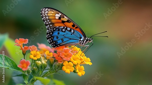 Colorful Butterfly on Flowers. A vibrant butterfly perched on colorful flowers, with a soft, blurred background.