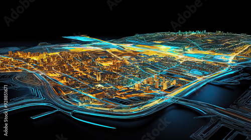 Technical aerial visual, 3D LiDAR GIS aerial map satellite scan model isolated, showing Daly City. Elevation, topography, render photo