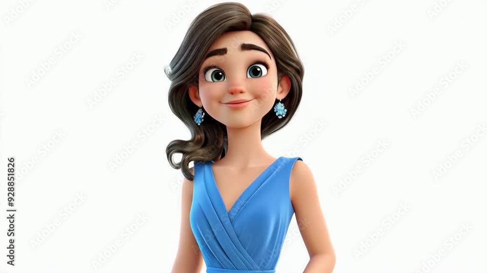 3D Animation of Smiling Cartoon Woman with Brown Hair and Eyes in Blue Dress