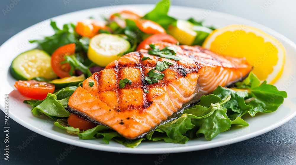grilled salmon with fresh vegetable salad grilled salmon with fresh vegetable salad